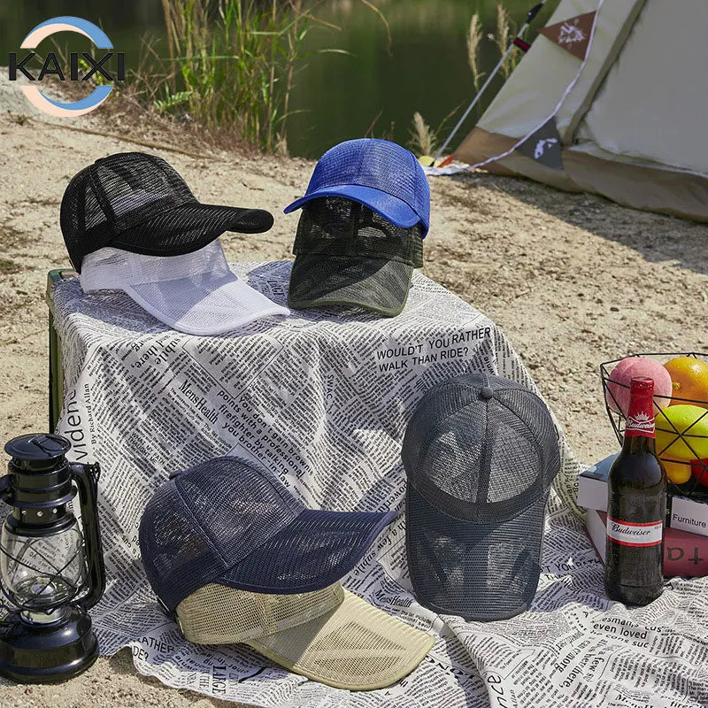 100% Polyester Outdoor Quick-Drying Baseball Cap Breathable 5-Panel Duck Fishing Mesh Cap with Long Brim Hollowed-Out Net Cap