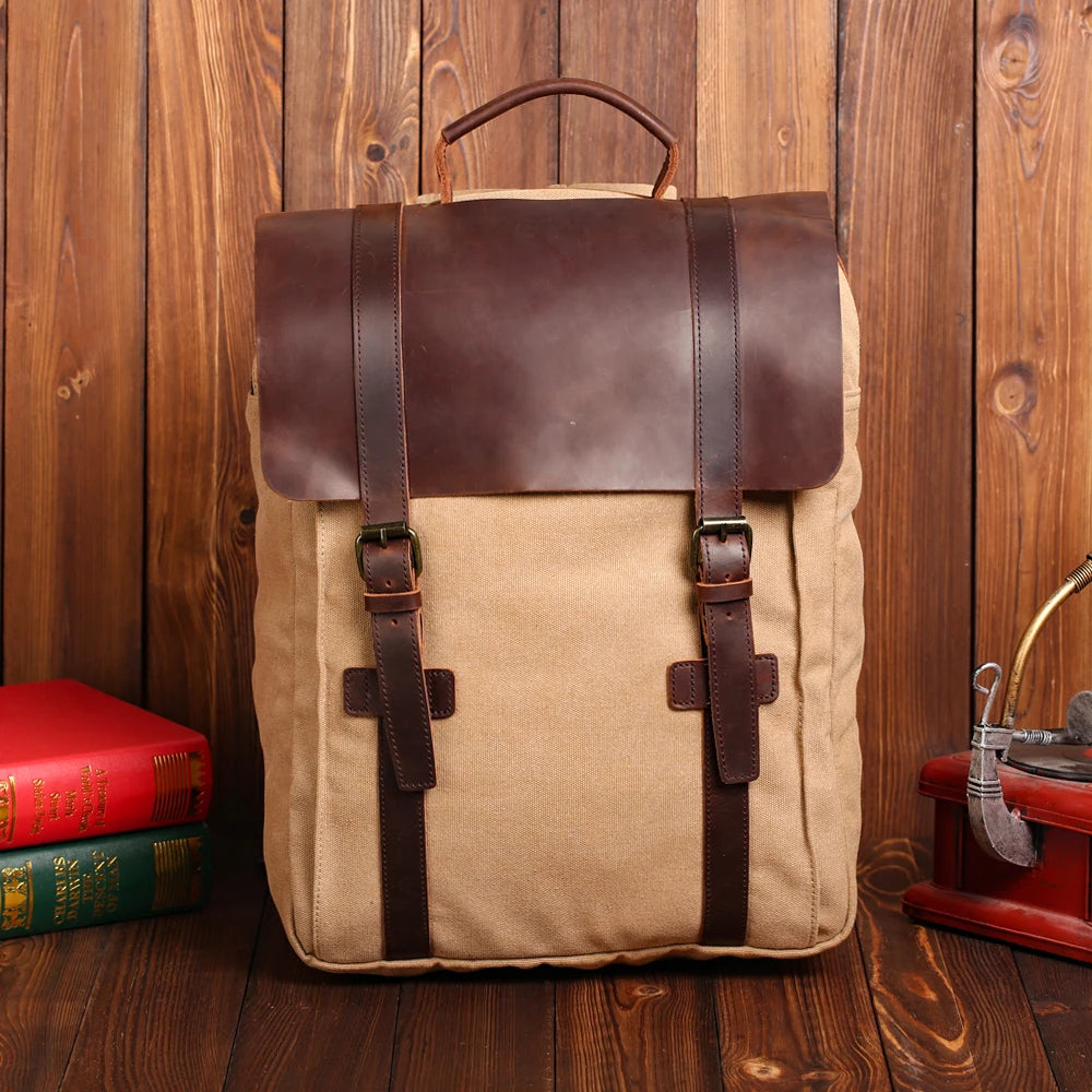 Unisex Outdoor Oil Wax Canvas Travel Shoulder Rucksack Laptop Compartment Large Capacity Water Resistance Cover Durable