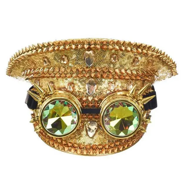 Ecowalson  Steampunk Men Women Gold  Punk Gear Glasses Performance Military Hat  Club Cosplay Captain Hat Adult Hat
