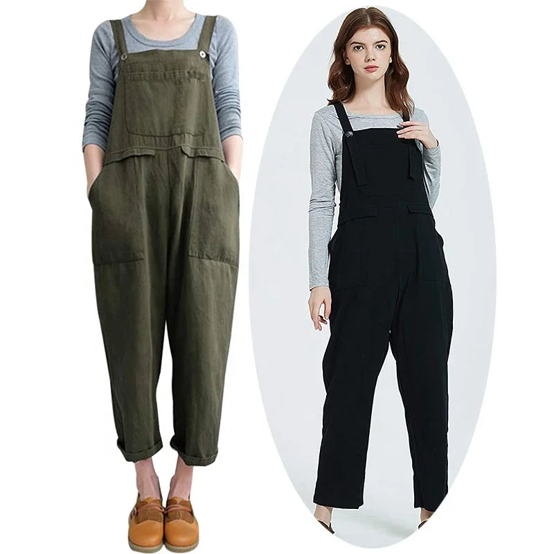 Womens Plus Size Jumpsuits Loose Cotton Linen Black Overalls Suspender Belt Rompers Wide Leg Baggy Trousers Harem Pants