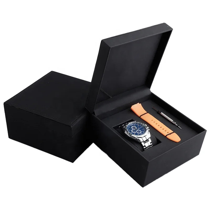 Custom Black Smooth Luxury Watch Brand PU Leather Gift Packaging Watch Strap Box with Custom Logo 15x15x8cm OEM/ODM Available