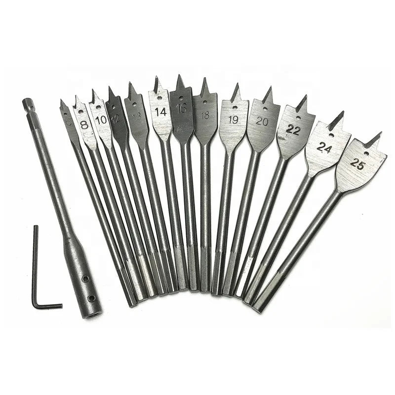15pcs Carbon Steel Spade Drill Bit Set with Connection Rod Wrench 6mm-25mm High Hardness Paddle Flat Bit for Wood Hole