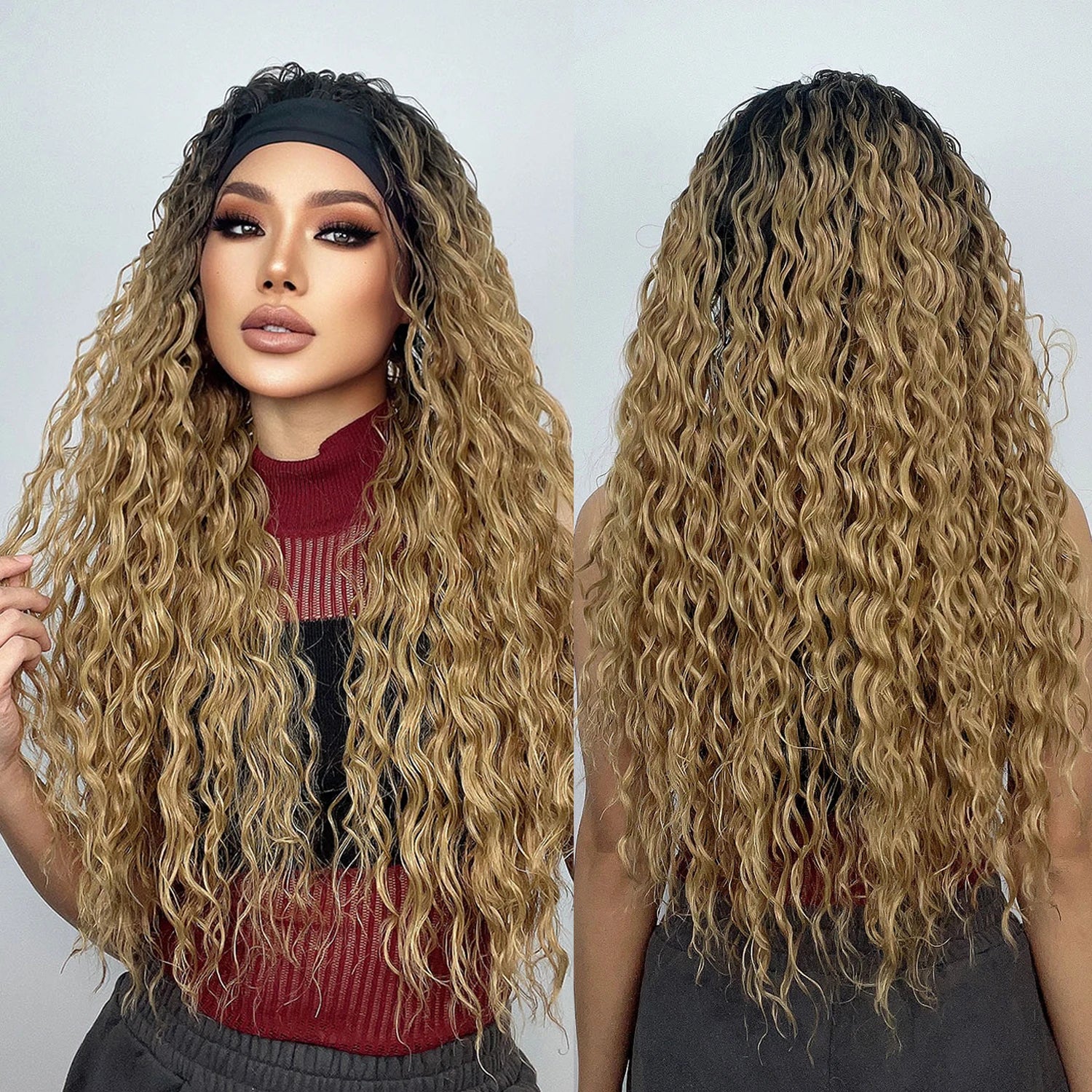 Factory Direct Black Blonde Ombre Headband Synthetic Wigs Long Curly Light Brown Wigs for Women Daily Hair Heat Resistant