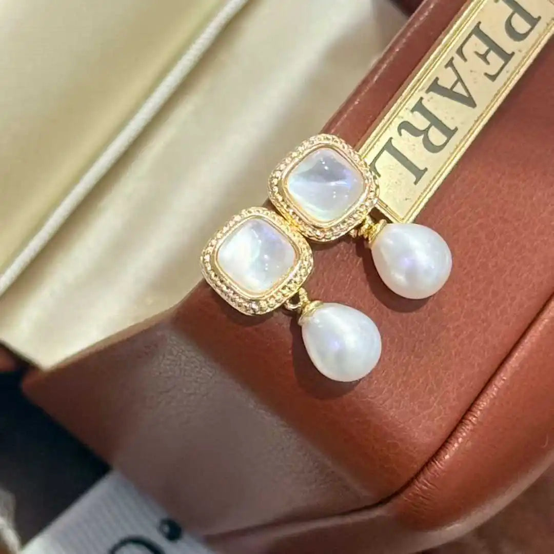 Natural Translucent Freshwater White Rice Shaped Pearl Drop Earrings 6-7mm AAAA Grade 18K Gold Plated Light Luxury Wedding