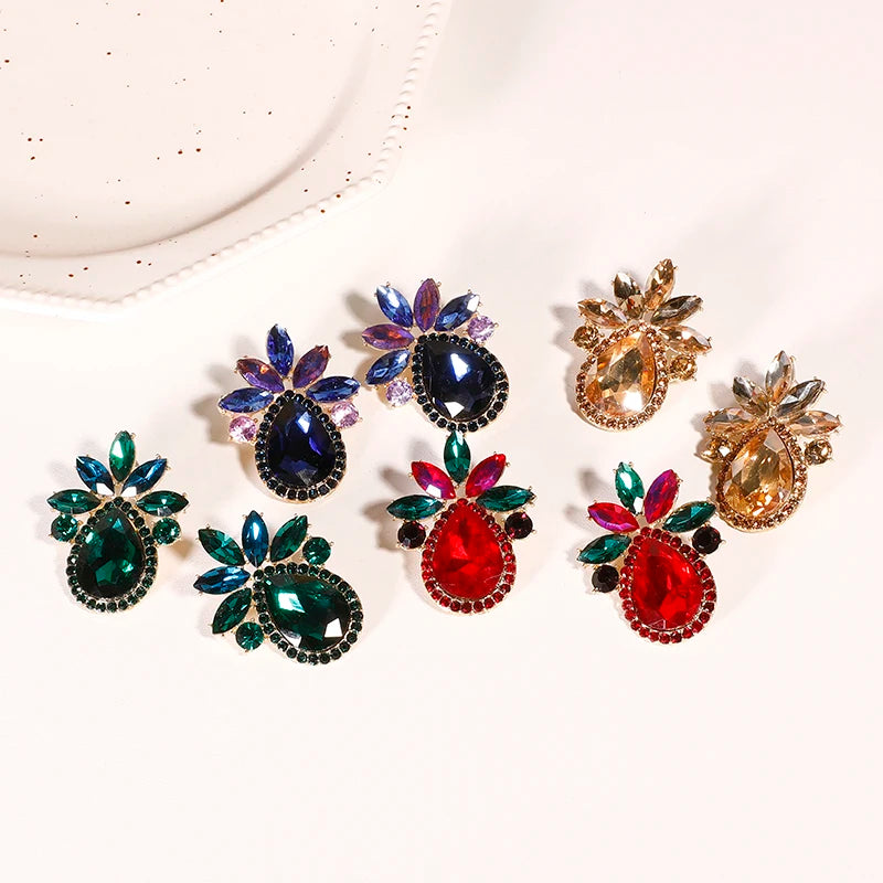 Fashion Green Red Gemstone Geometric Earrings Glass Crystal Rhinestone Water Drop Stud Earrings Jewelry 2023