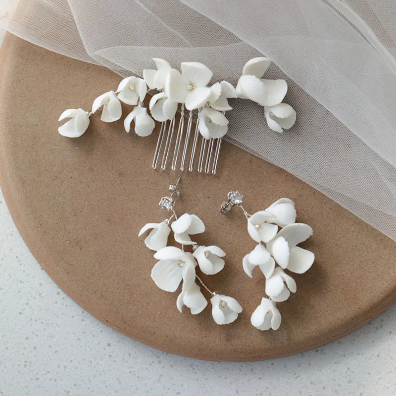 SLBRIDAL Handmade Crystal Rhinestone Ceramic Flower Wedding Headband Hair Comb Earring Set Bridal Hair Accessories Women Jewelry