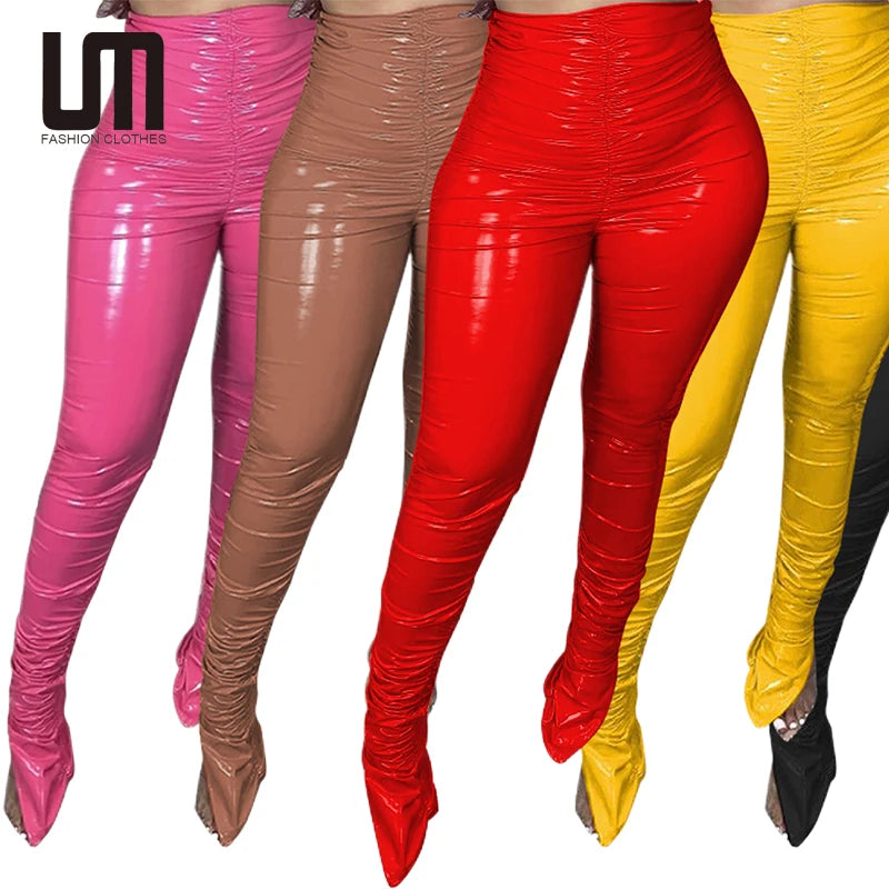 Liu Ming Fall Winter Women Fashion Streetwear High Waist Faux Leather Trousers Solid Color Stacked Leather Pants