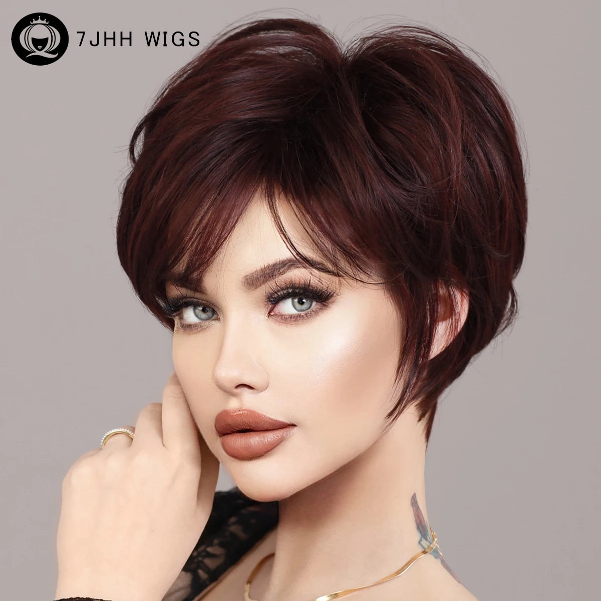 Pixie Cut Hair Wigs with Bangs Ombre Red Color Wigs Cute Natural Looking Short Black and Burgundy Layered Wavy Wigs for Women MegaBDM