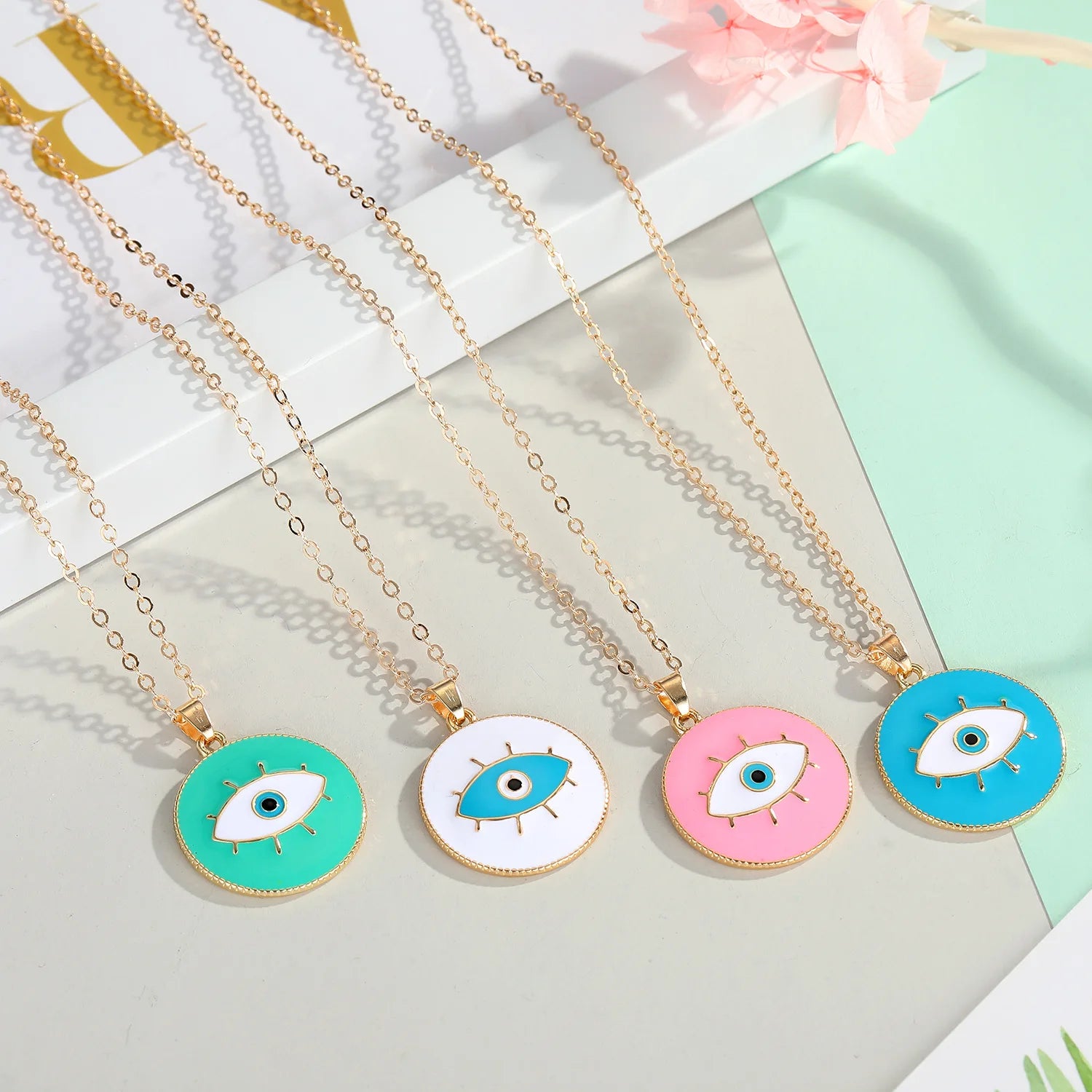 European Personality Green Enamel Turkish Evil Eyes Necklace Multi Color Geometric Round Devil Eyes Pendant Necklace