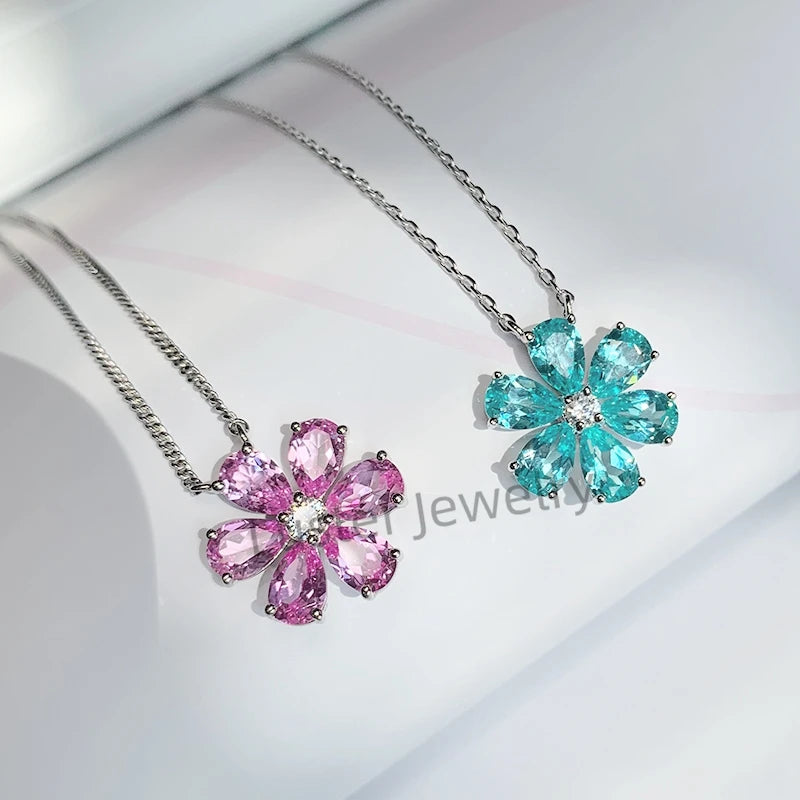Luster Trendy Jewelry 925 Sterling Silver Sapphire pink Flower Necklace Pendant for Women