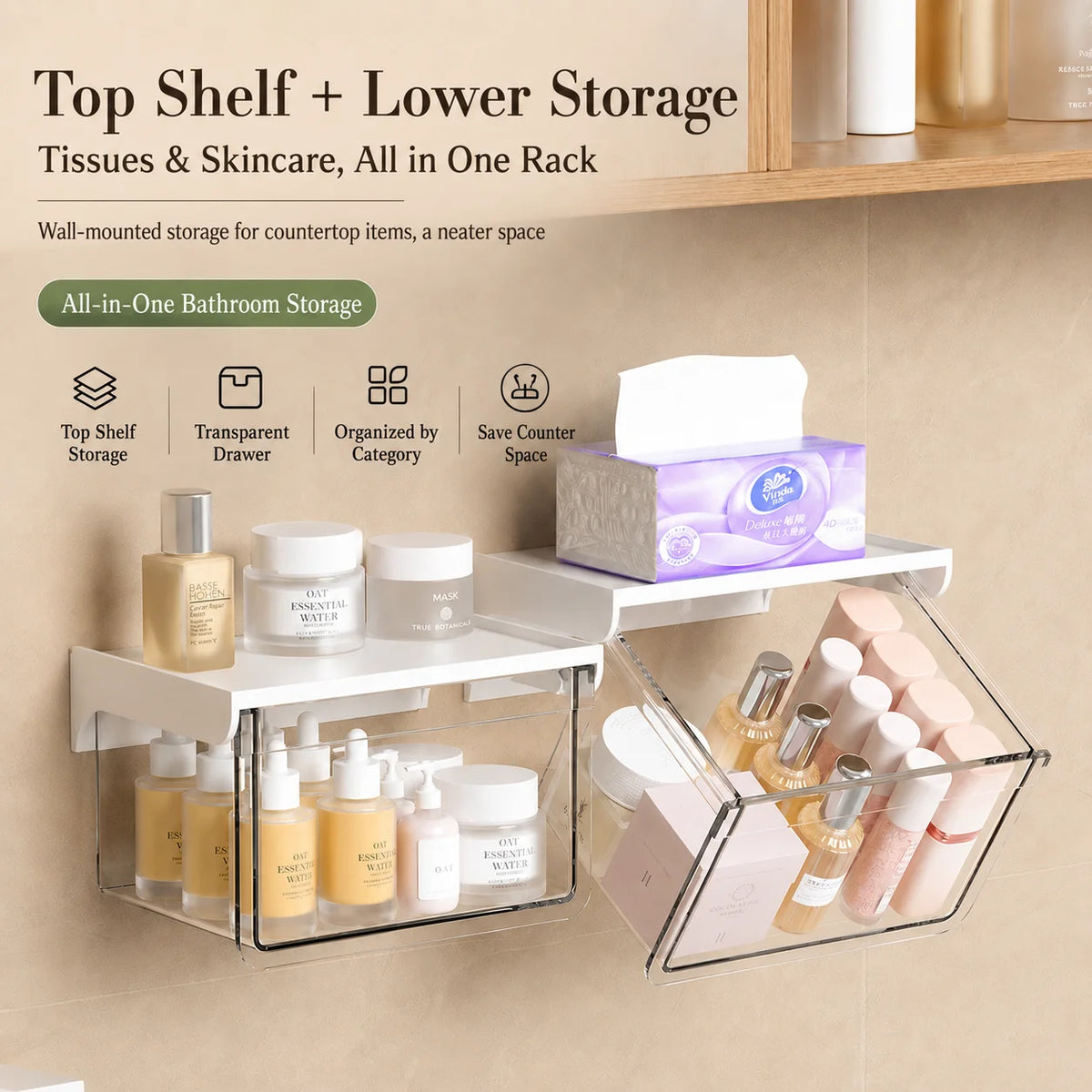 Clear Wall Mounted Drawer Organizer No Drill 35° Large Opening Design for Bathroom Skincare Storage MegaBDM