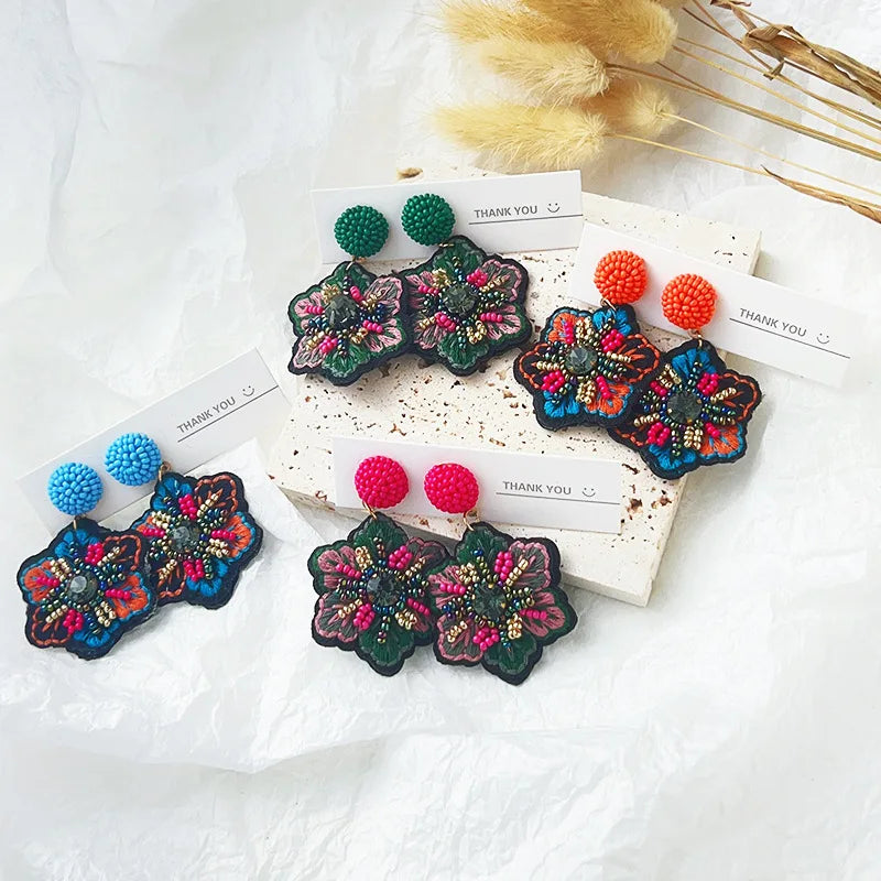 New Personality Trend Fabric Handwoven Seed Bead Earrings Jewelry Vintage Flowers Fashion Embroidery Earrings for Women