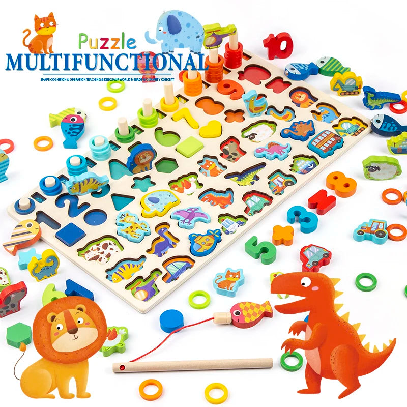 Montessori Educational Wooden Toys for Children Kids Busy Board Math Fishing Preschool Wood Puzzle Board