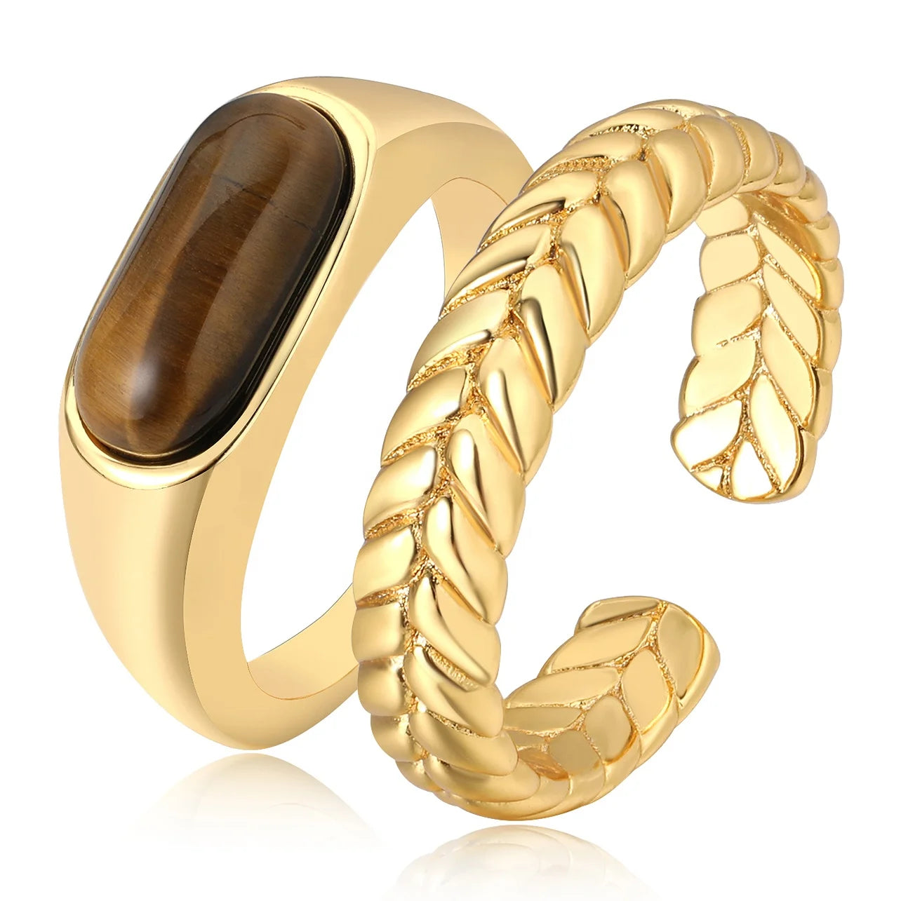 High Fashion Brass Plating 18k Gold Narrow Tiger's Eye Stone Twist Weave Open Rings Jewelry Customization