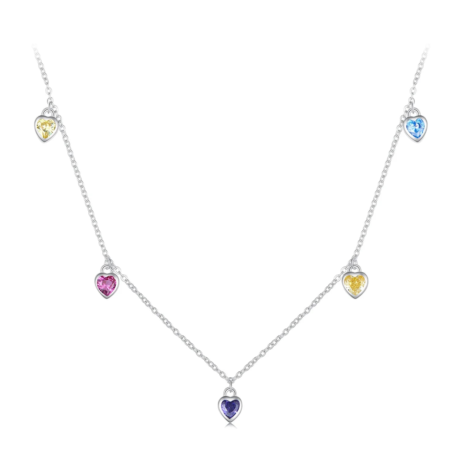 925 Sterling Silver Multi Love Heart Necklace for Women Rainbow Zircon Chain Choker Necklace Wedding Jewelry Party Gift BSN320