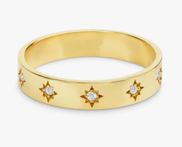 Minimalist Stainless Steel Trendy Ring Stacking 18K Gold Plated Wide Band Zircon North Star Ring for Women