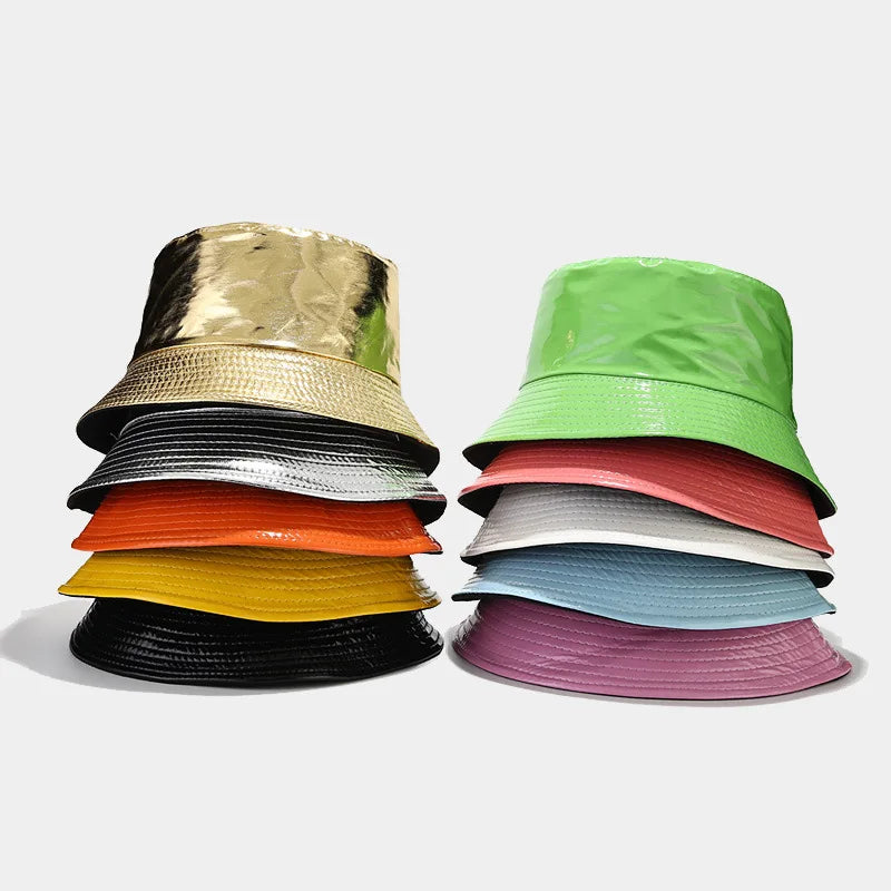 2023 New Women Men Reversible PU Leather Bucket Hat Fisherman Hat Camping Panama Beach Cap Female Headwear