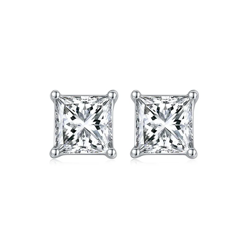 Earrings Princess Cut Fine S925 Silver Moissanite Diamond 4-Prong Stud 0.5CT/1CT Square Fine Jewelry
