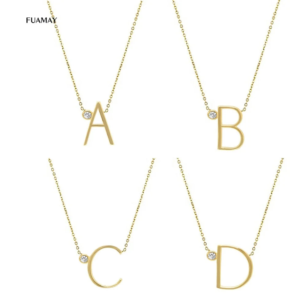 FUAMAY Minimalist Jewelry Silver 26 A-Z Letter With Link CZ Main Stone Initial Letter Clavicle Chokers Necklaces for Women