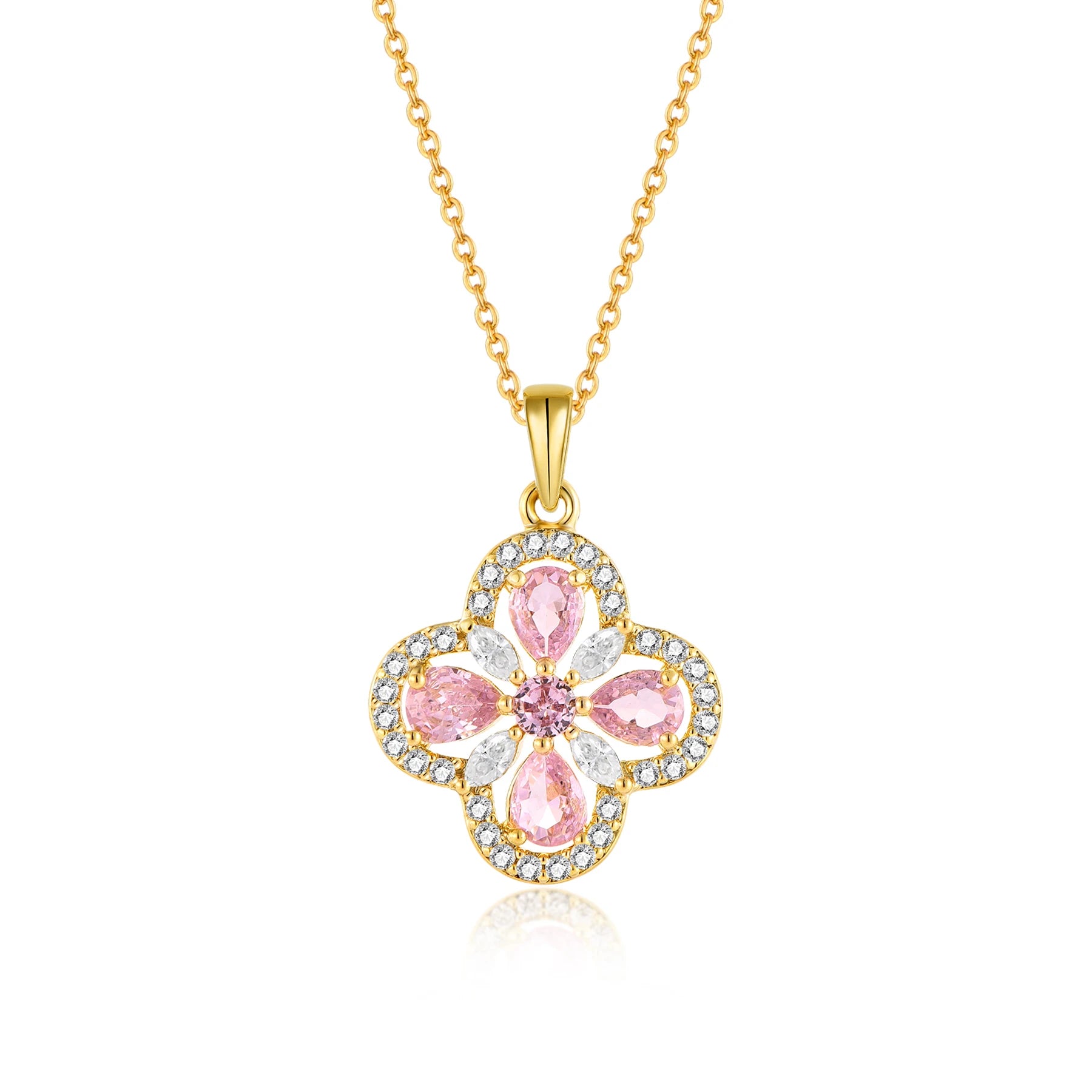 QX CUSTOM Fine Jewelry 925 Sterling Silver 18K Gold Plated Cubic Zirconia Four Leaf Clover Flower Pendant Women Necklace