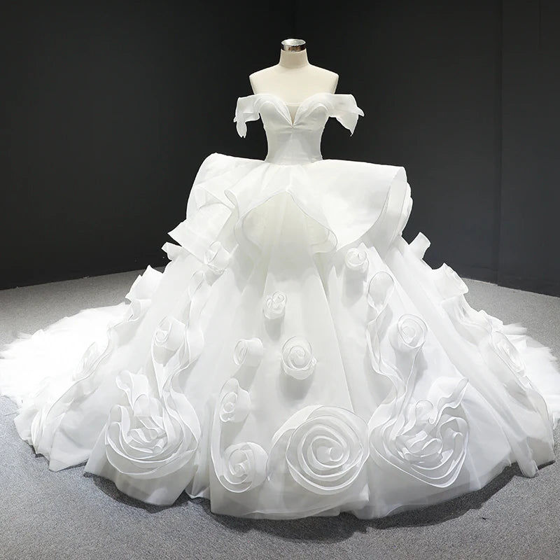 Ocstrade Handmade Off Shoulder Ruffle Sleeveless Lace up White Rose Flower Long Train Luxury Mermaid Wedding Dresses for Women
