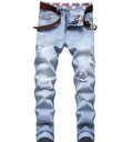 Men's Slim Fit Hole Pleated Splash Printed Pencil Pants Male Trousers Stylish Youth Motorcycle Jeans