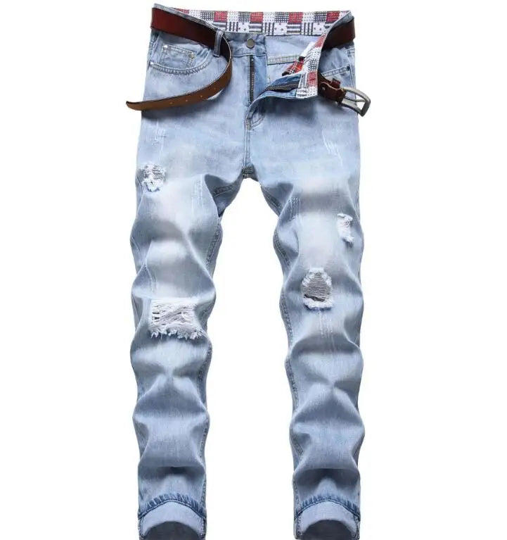 Men's Slim Fit Hole Pleated Splash Printed Pencil Pants Male Trousers Stylish Youth Motorcycle Jeans