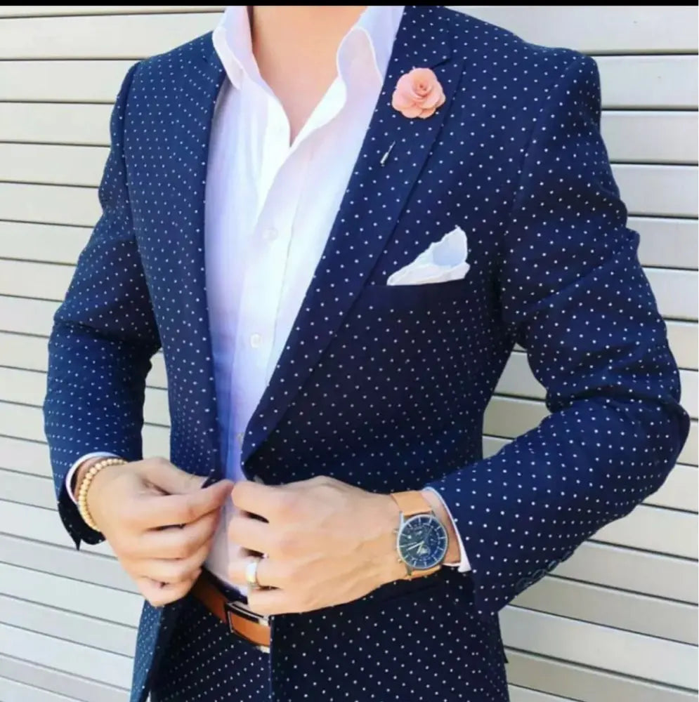 Classical Design Blue Polka Dot Male Suits Dinner Party Wear Formal Latest Tailored Jacket Pants Wedding Clothing Outfit