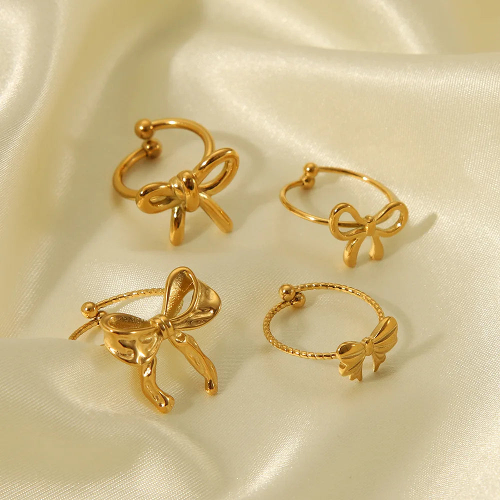 Chic Rings Stainless Steel Bowknot Finger Ring Cute 18k Gold Plated Bow Open Adjustable Ring for Women Wedding Jewelry Gifts