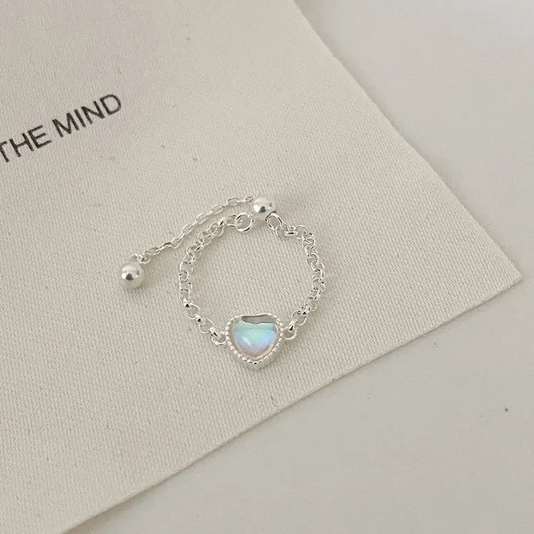 Dedicate Adjustable Ring 925 Sterling Silver Heart Moonstone Link Chain Ring