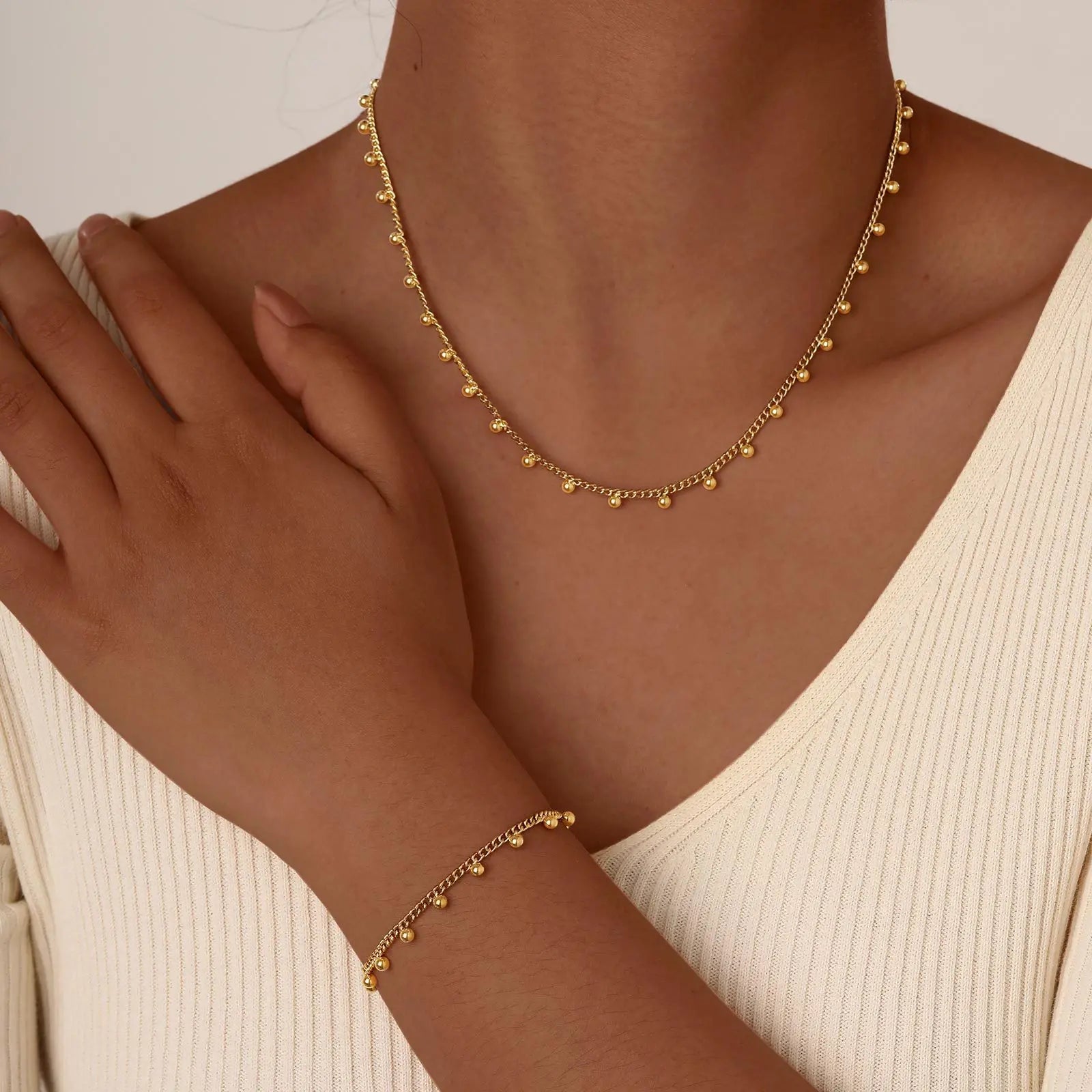 Wholesale Handmade 18K Gold Plated Stainless Steel Elegant Beads Chain Necklace Bracelet Jewelry Set for Gift