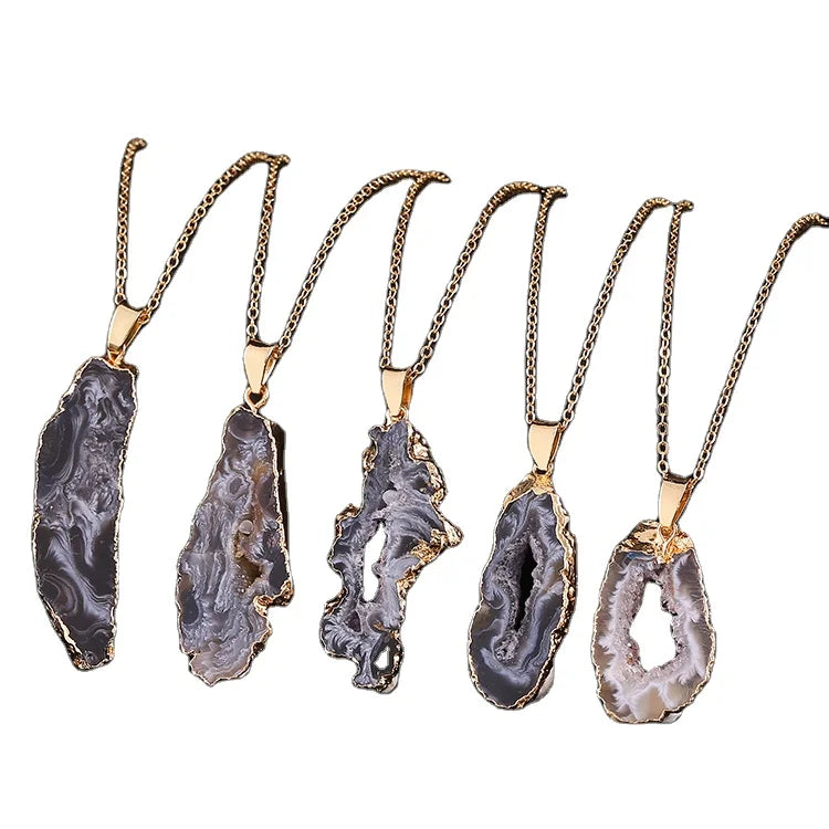 K040 Gold-plated Healing Stone Crystal Gemstone Pendant Raw Irregular Agate Slice Druzy Stone Necklace for Women Jewelry