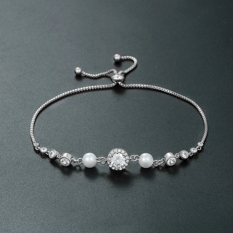 Weiman Trendy Cubic Zirconia and Shell Pearl Bracelet Bridal Bridesmaids and Mother of the Groom Gift Wedding Day Made of Brass