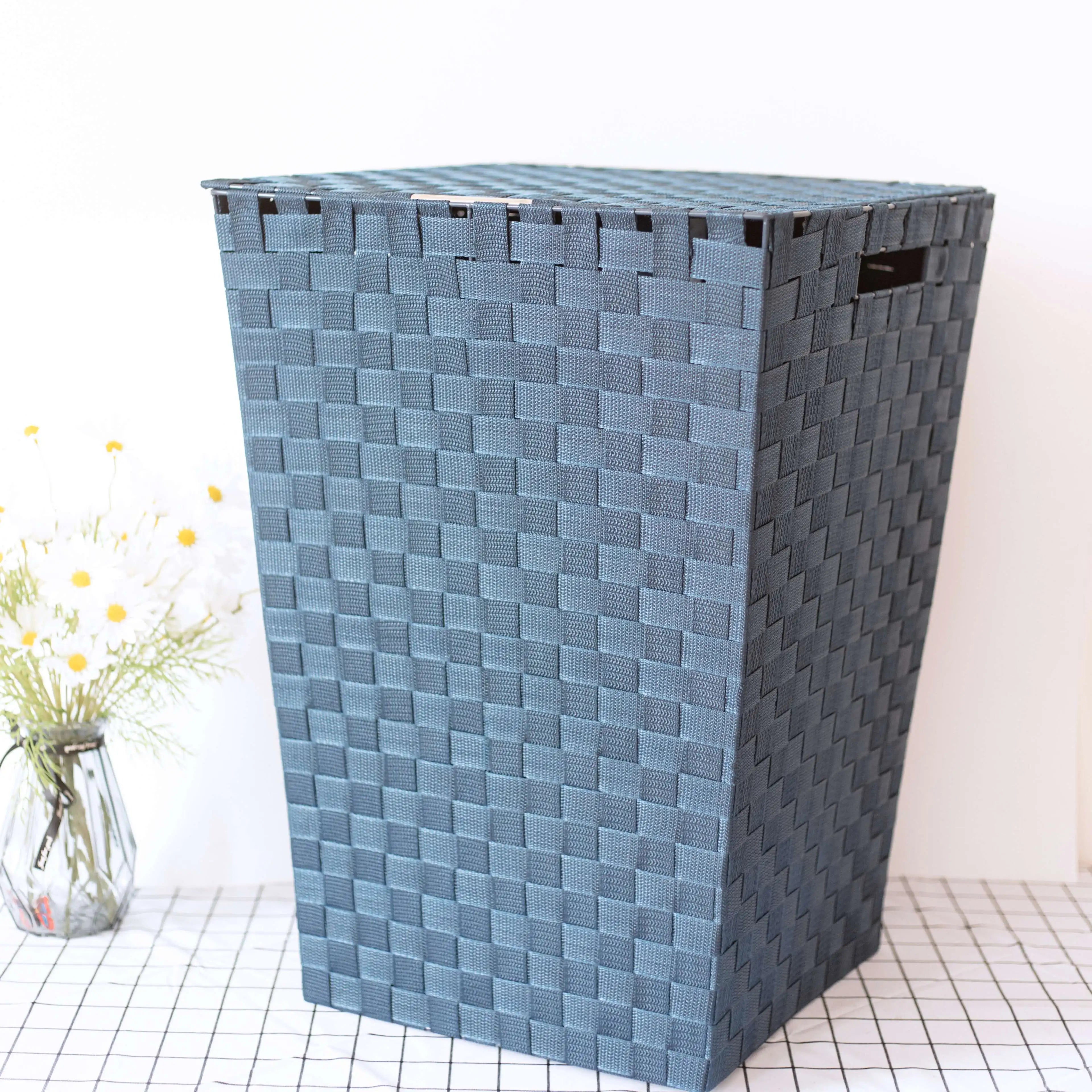 Double Handle Nylon Strap Woven Pattern Dustproof & Moistureproof Laundry Storage Basket with Lid for Clothing
