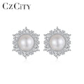 CZCITY 925 Zircon Silver S925 Woman Earing Jewelry Flower Zirconia Bridal Stud Freshwater Pearl Earrings