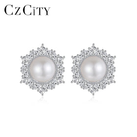 CZCITY 925 Zircon Silver S925 Woman Earing Jewelry Flower Zirconia Bridal Stud Freshwater Pearl Earrings