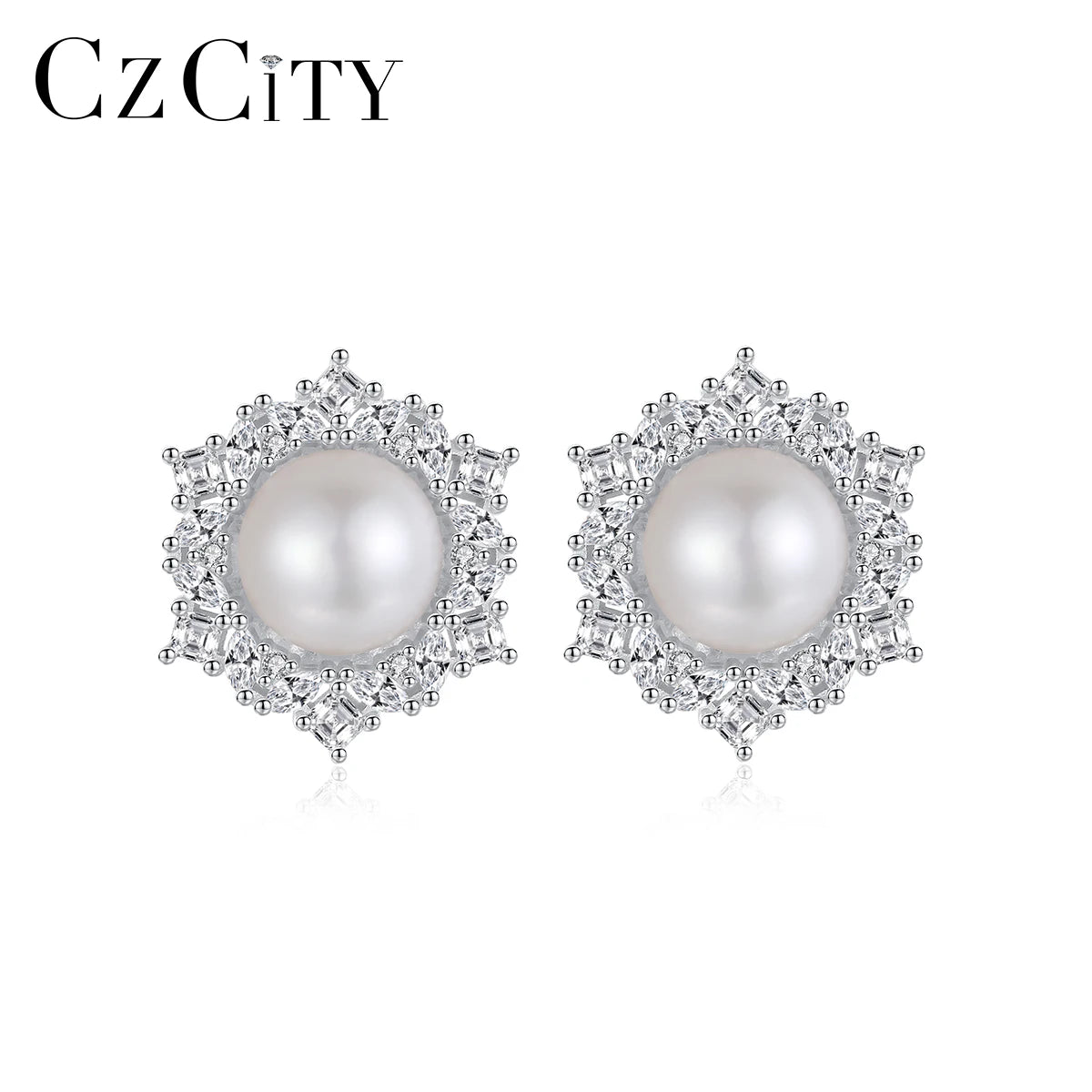 CZCITY 925 Zircon Silver S925 Woman Earing Jewelry Flower Zirconia Bridal Stud Freshwater Pearl Earrings