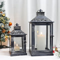 Set of 2 Antique Black Square Candle Lantern Hanging Portable Candle Lamp for Indoor Outdoor Decoration