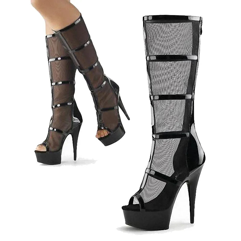 15 cm Fish Mouth Hollow Mesh High-heeled Boots Steel Pipe Dance Thin Heeled High-heeled Shoes Stripper Boots