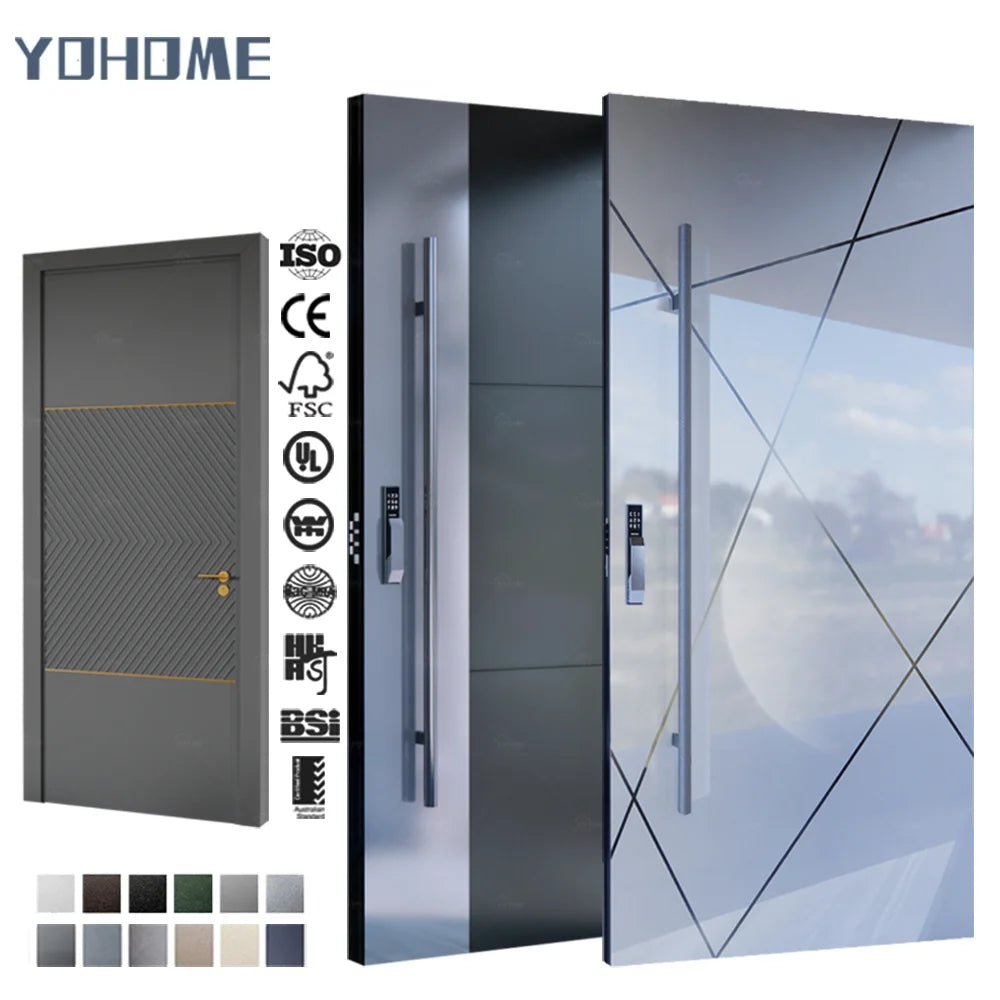 Yohome Hot Selling High Gloss Glossy Aluminum Stainless Steel Metal Villa House External Main Entryway Front Doors