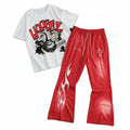 Wholesale Men Gothic Cross Print Graphic T-Shirt and Red Flared Joggers Set 2 Piece Streetwear Outfit Custom Logo Fashion Gear