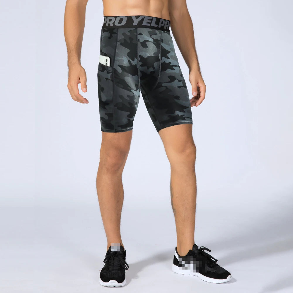 Men Quick Dry Sweat Wicking Compression Elastic Tight Sports Gym Running Jogging Training Leggings Fitness Shorts with Pockets