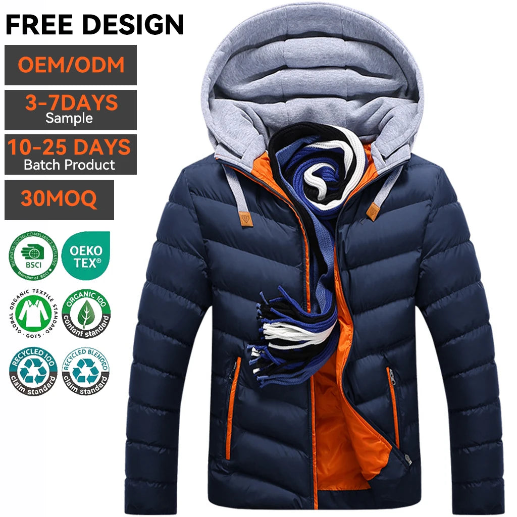 High Quality Custom Logo Lightweight Puffer Down Jacket Outdoor Polyester Hooded Warm Coat Winter Thick Bubble Men Jacket