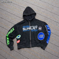 Custom Manufacturer 400gsm Heavyweight Sun Fade Crop Boxy Zipper Vintage Distressed Embroidery Patch Men Acid Wash Zip up Hoodie