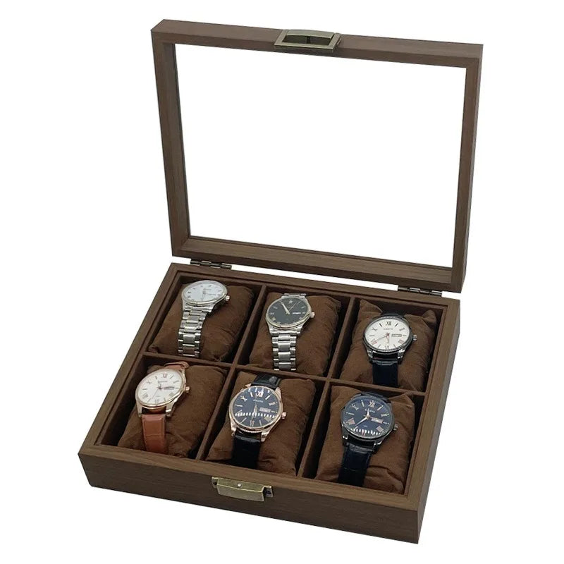 6 Slot Retro Dark Walnut Veneer Wooden Large Watch Bracelet Jewellery Storage Case Organizer