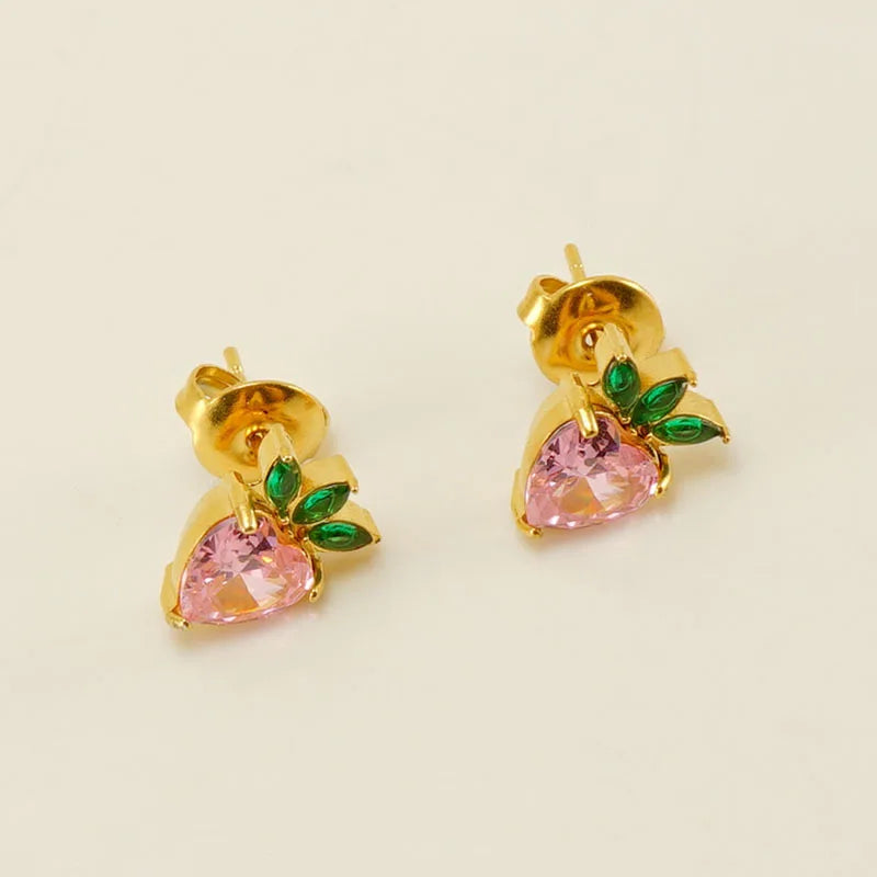 Beimai OEM Fruit Stainless Steel Pink Zircon Stud Earrings