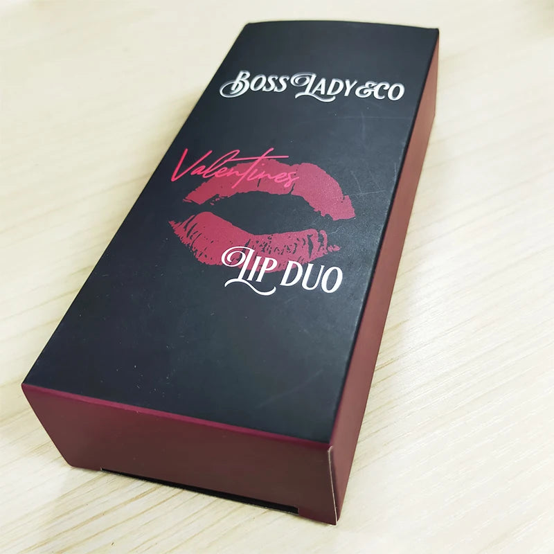 Matte Black Lavish Lipstick/ Lipgloss/ Lip Liner  Duo Box with Deep Red Lip logo Design