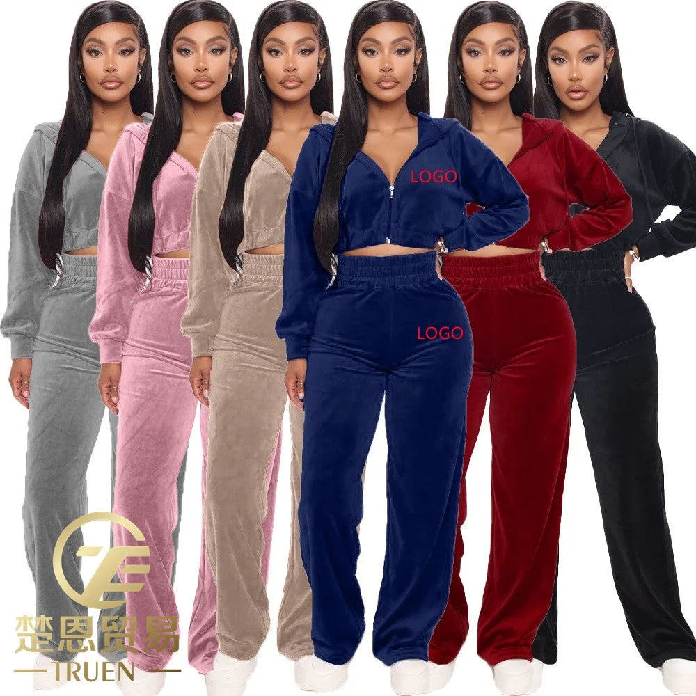 Custom Logo Fall Winter 2024 Velvet Tracksuits for Women Hooded Long Top with Jogger Set Sweat Suits