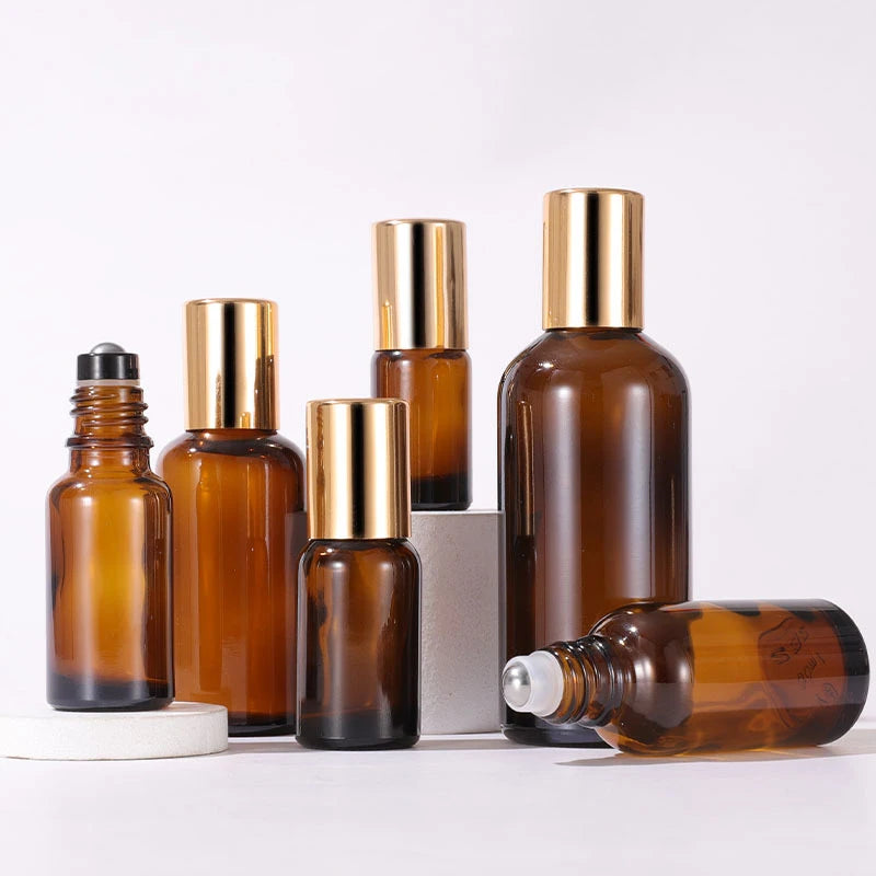 Ready to Ship Essential Oils Perfume Roll-on Bottle Set 5 10 15 20 30 50 100ml Amber Brown Glass with Steel Roller