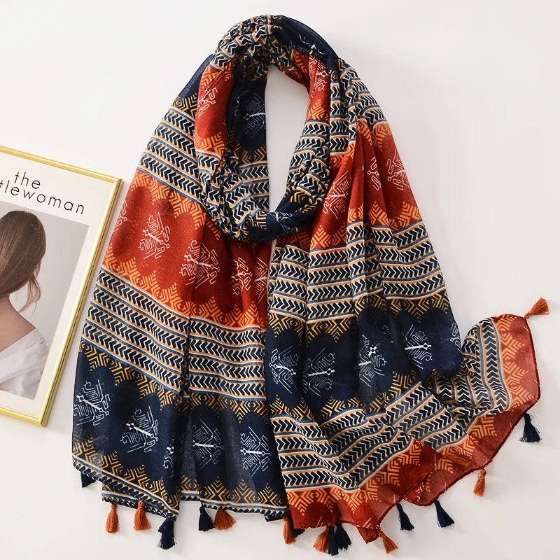 Wholesale Bohemian Style Print Cotton Scarf With Tassel Women Fashion Retro Ethnic Saudi Arabia Summer Thin Head Hijab Scarfs
